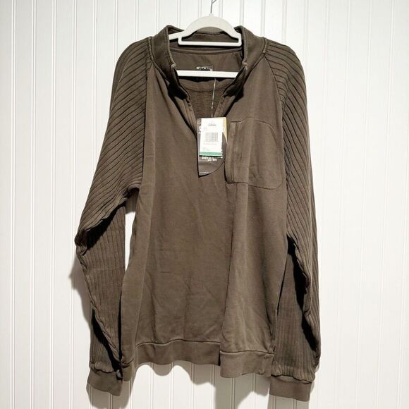 Cabelas Pathfinder Quarter Zip Sweater Ribbed Sleeves Oak Brown NEW Mens Large - Picture 1 of 7